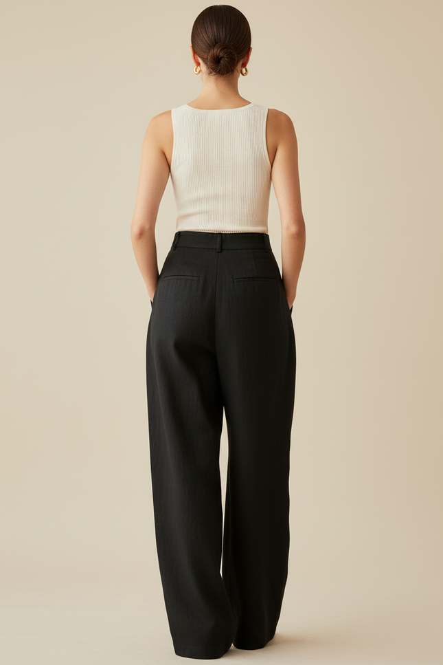 Pantalon Baggy Noir Ample Taille Haute Élégant Femme - Lin - vue 2