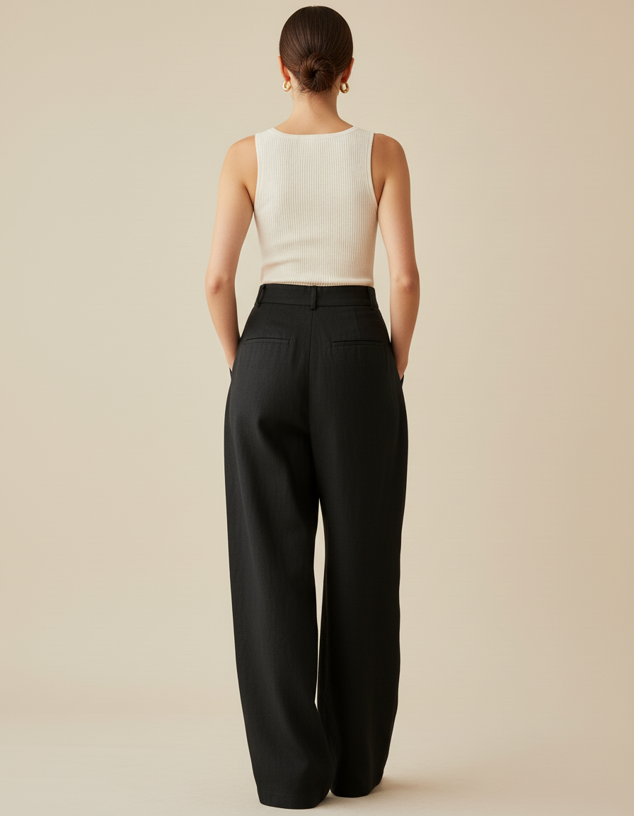 Pantalon Baggy Noir Ample Taille Haute Élégant Femme - Lin - vue 2