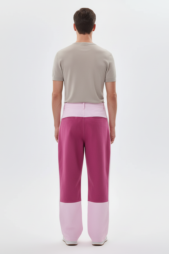Pantalon Baggy Rose Bicolore Ample Patchwork Décontracté - Coton - vue 2