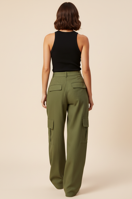 Pantalon Baggy Vert Kaki Cargo Ample Femme - Laine - vue 2
