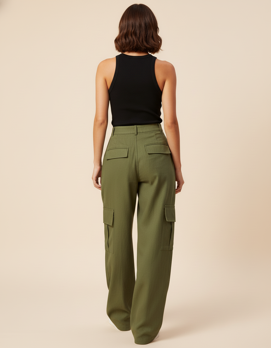 Pantalon Baggy Vert Kaki Cargo Ample Femme - Laine - vue 2