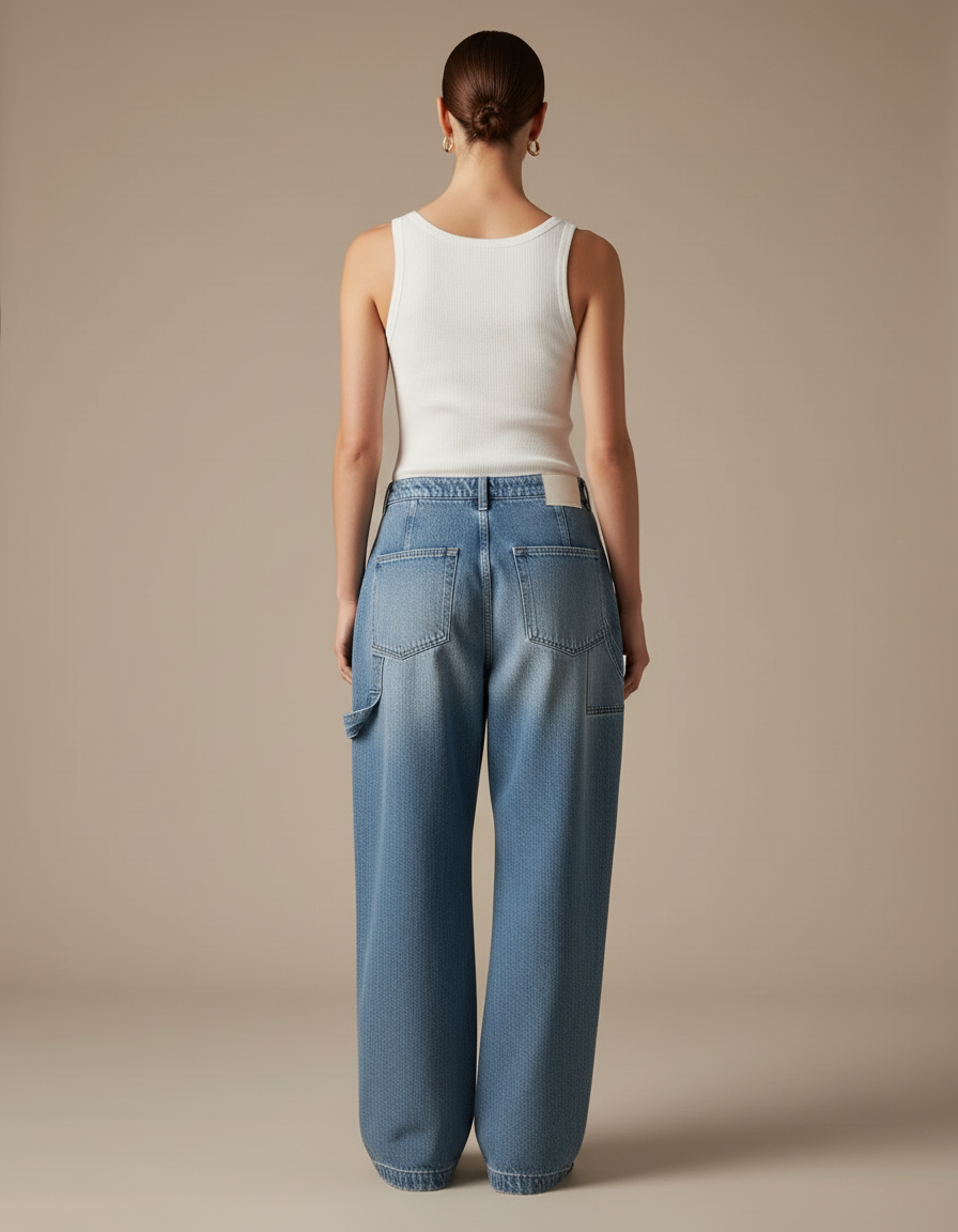Pantalon Baggy Jean Bleu Délavé Ample Plissé - vue 2