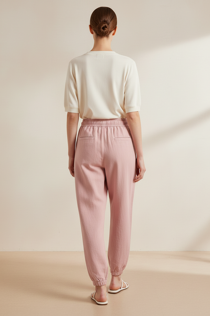 Pantalon Baggy Rose Fluide Cordon Décontracté Femme - Lin - vue 2