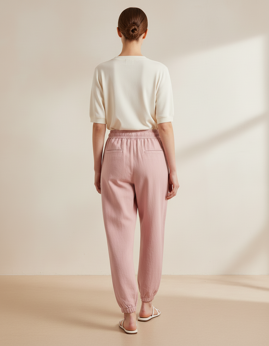 Pantalon Baggy Rose Fluide Cordon Décontracté Femme - Lin - vue 2
