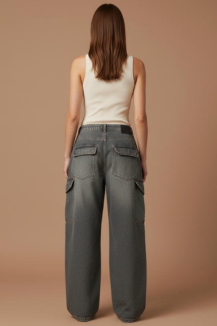 Pantalon Baggy Gris Denim Cargo Ample Femme - Jean - vue 2