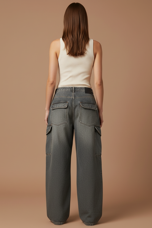 Pantalon Baggy Gris Denim Cargo Ample Femme - Jean - vue 2
