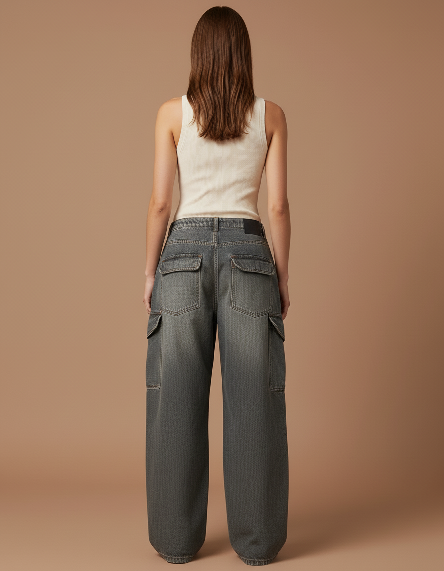 Pantalon Baggy Gris Denim Cargo Ample Femme - Jean - vue 2
