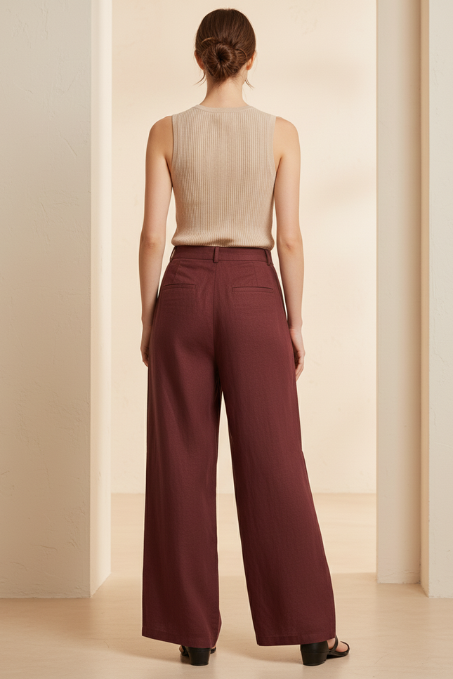 Pantalon Baggy Bordeaux Fluide Ample Fendu Élégant - Lin - vue 2