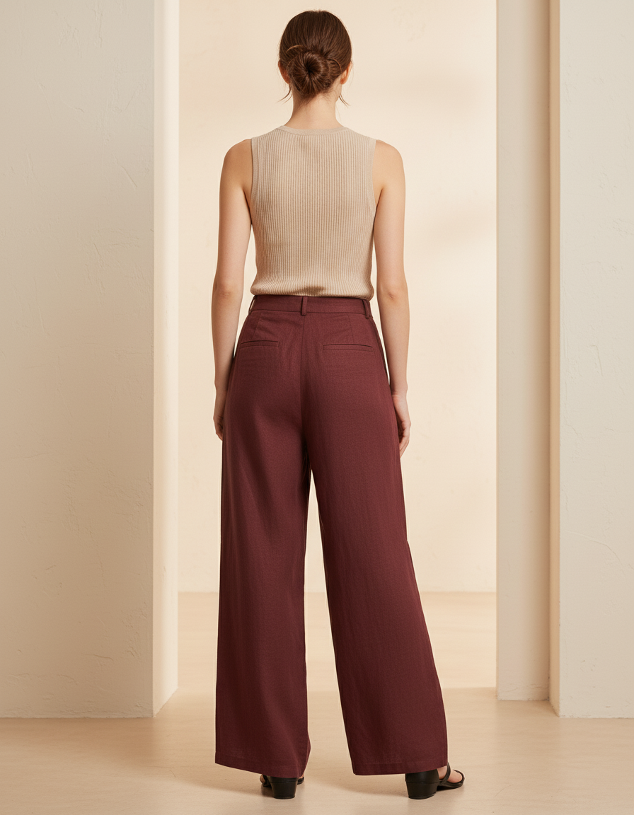 Pantalon Baggy Bordeaux Fluide Ample Fendu Élégant - Lin - vue 2