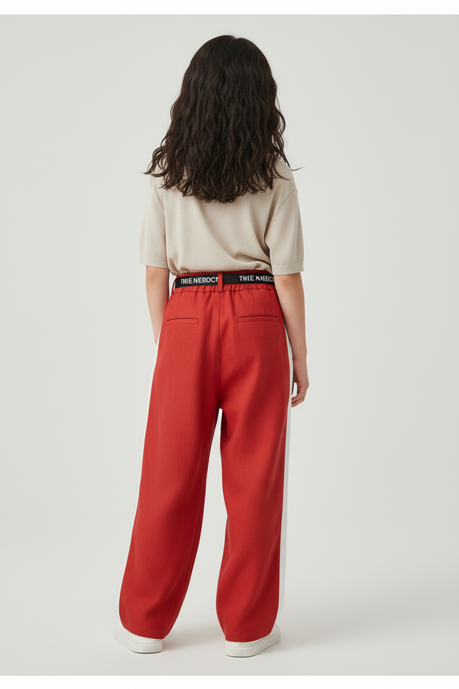 Pantalon Baggy Rouge Ample Rayures Blanches Ceinture - Lin - vue 2