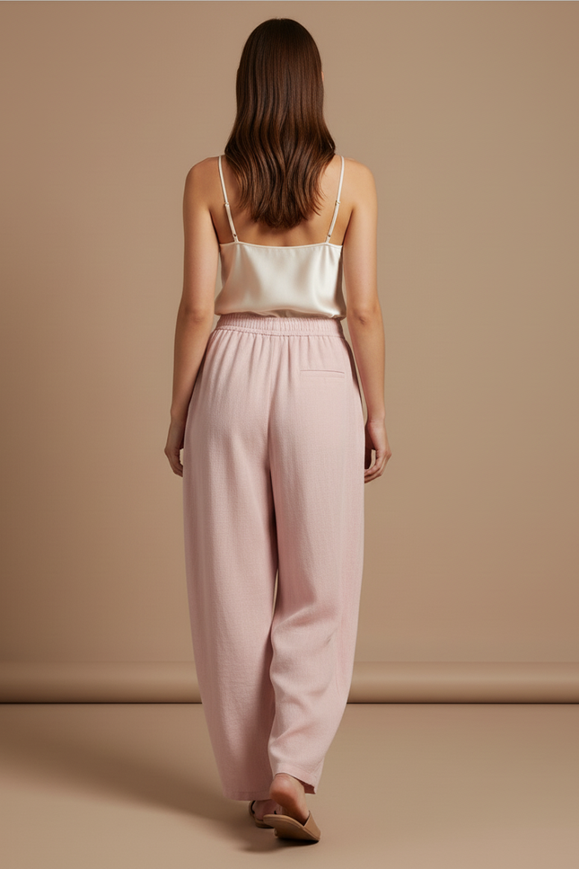 Pantalon Baggy Rose Ample Plissé Fluide Décontracté - Lin - vue 2