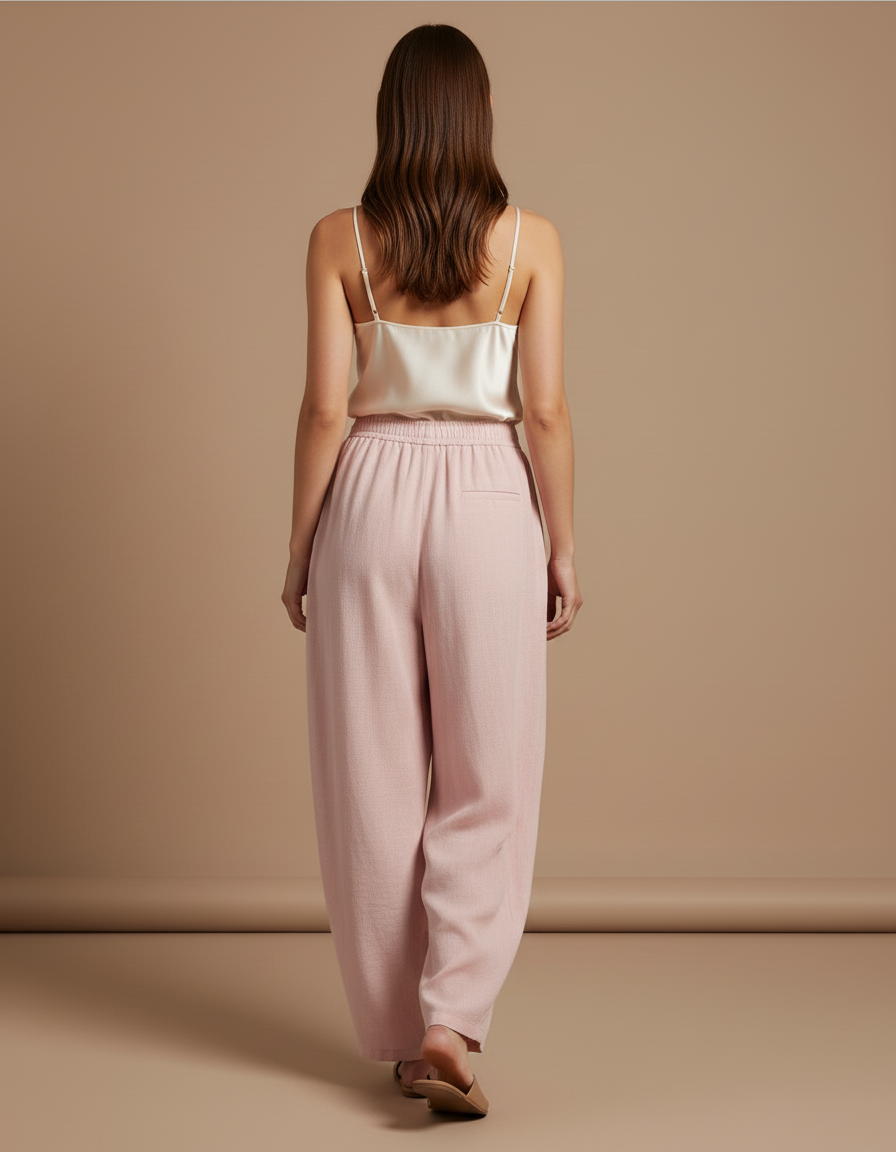 Pantalon Baggy Rose Ample Plissé Fluide Décontracté - Lin - vue 2