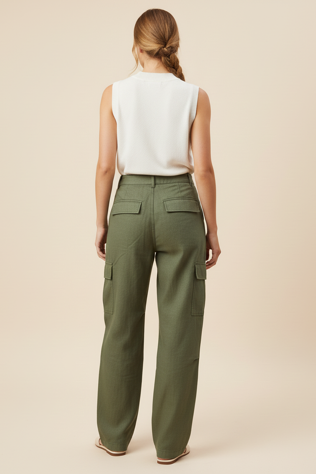 Pantalon Baggy Vert Kaki Cargo Ample Décontracté Fluide - Lin - vue 2