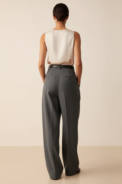 Pantalon Baggy Gris Plissé Ample Élégant Femme - Laine - vue 2