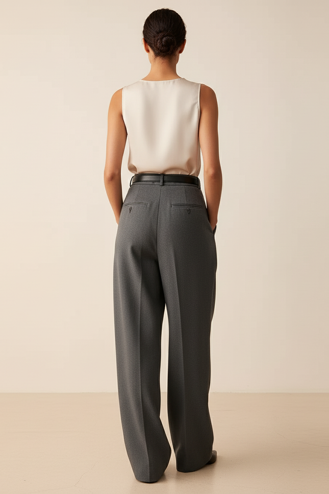 Pantalon Baggy Gris Plissé Ample Élégant Femme - Laine - vue 2