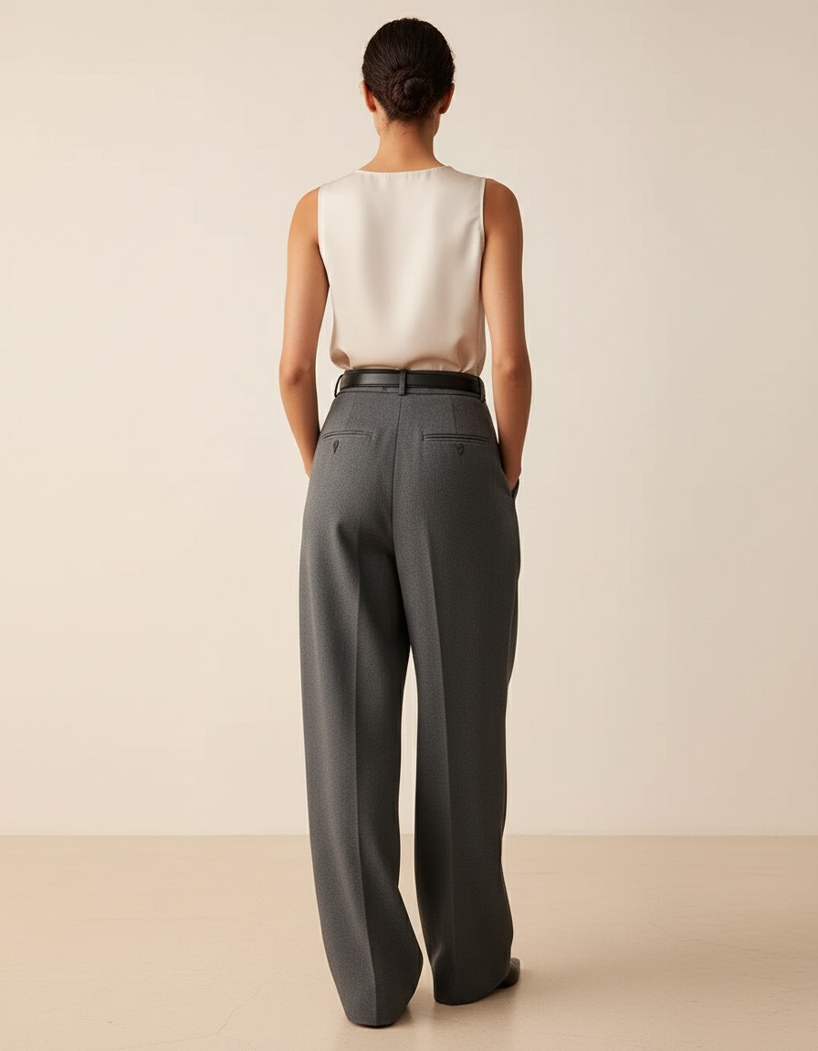 Pantalon Baggy Gris Plissé Ample Élégant Femme - Laine - vue 2