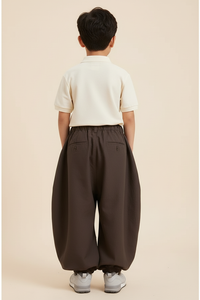Pantalon Baggy Marron Ample Plissé Décontracté Enfant - Toile - vue 2