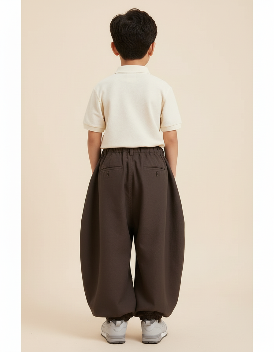 Pantalon Baggy Marron Ample Plissé Décontracté Enfant - Toile - vue 2