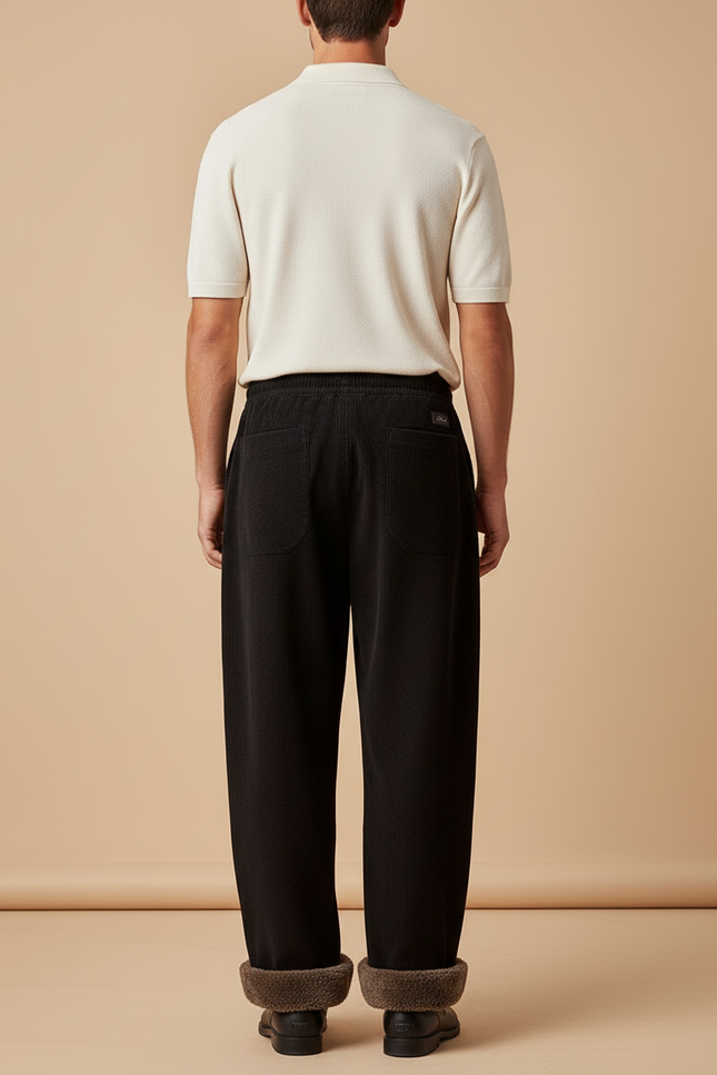 Pantalon Baggy Noir Côtelé Ample Doublé Hiver - Cordé - vue 2