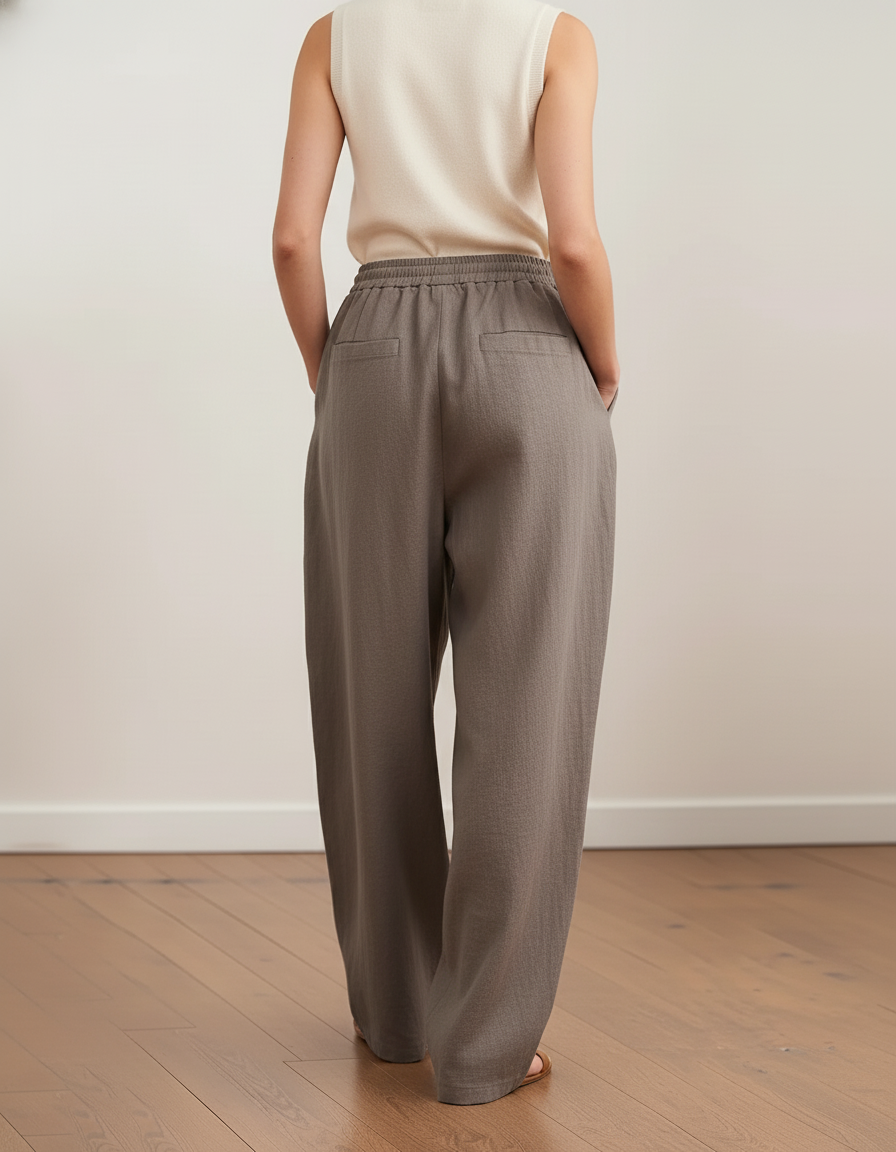 Pantalon Baggy Lin Gris Ample Décontracté Femme - vue 2