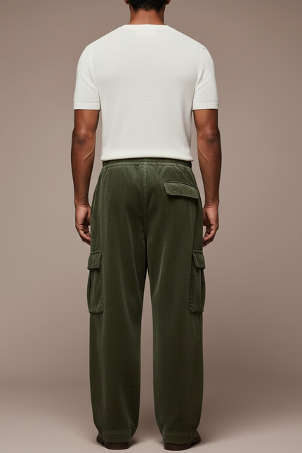 Pantalon Baggy Vert Côtelé Cargo Ample Décontracté - Cordé - vue 2