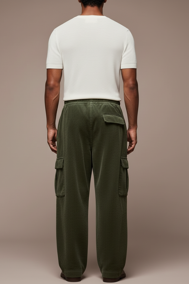 Pantalon Baggy Vert Côtelé Cargo Ample Décontracté - Cordé - vue 2