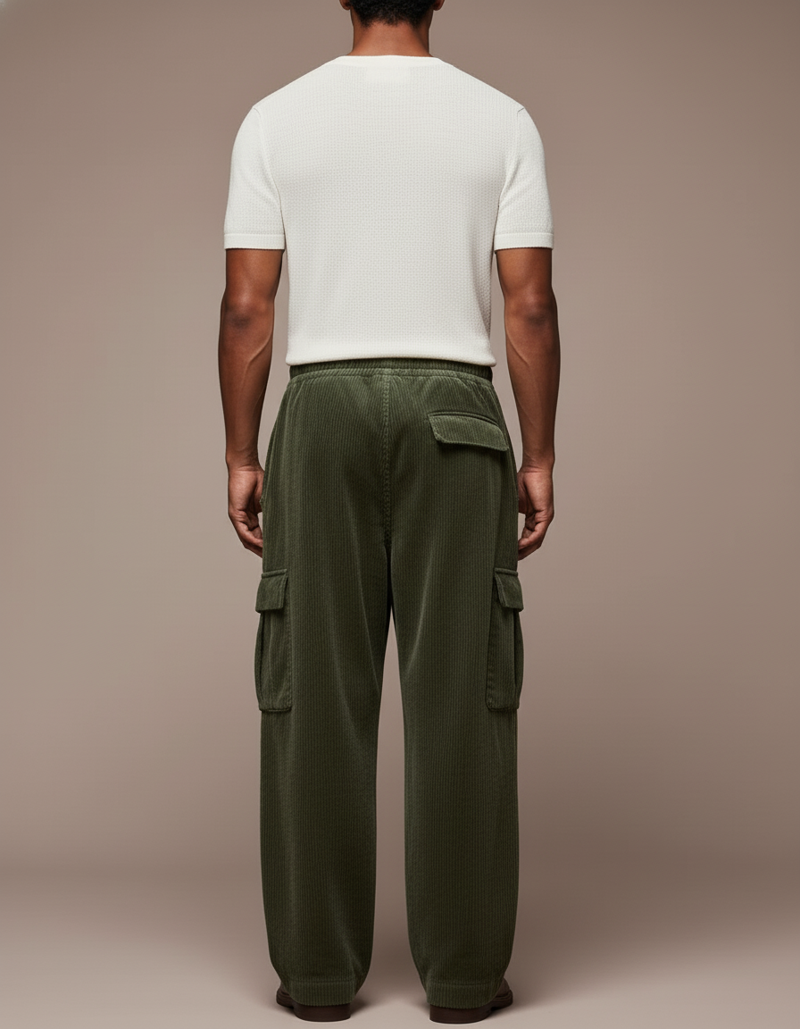 Pantalon Baggy Vert Côtelé Cargo Ample Décontracté - Cordé - vue 2