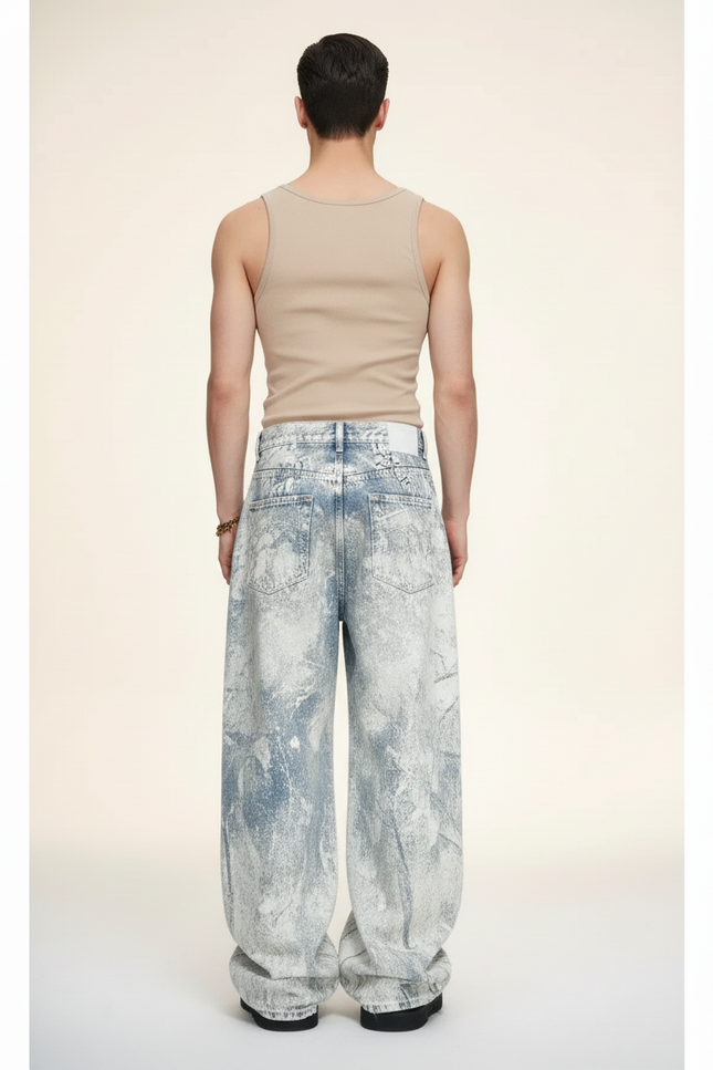 Pantalon Baggy Jean Bleu Délavé Imprimé Ample - vue 2