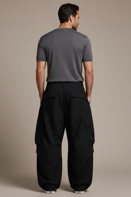 Pantalon Baggy Noir Cargo Ample Plissé Homme - Gabardine - vue 2
