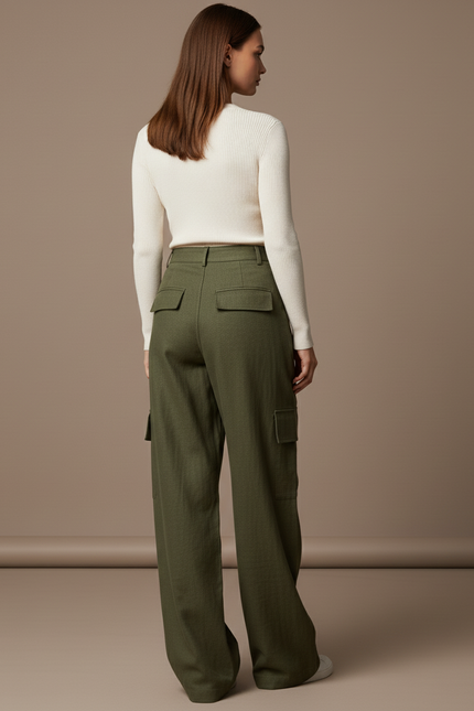 Pantalon Baggy Vert Kaki Cargo Ample Femme Poches - Lin - vue 2
