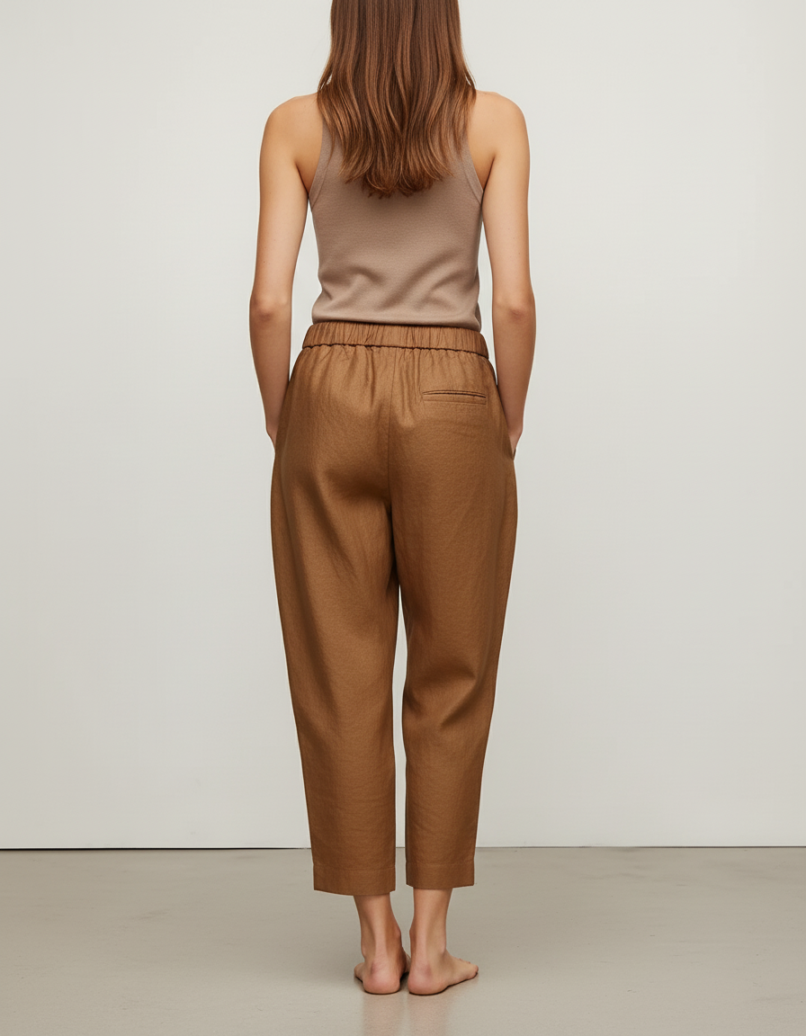 Pantalon Baggy Marron Ample Taille Élastique Femme - Lin - vue 2