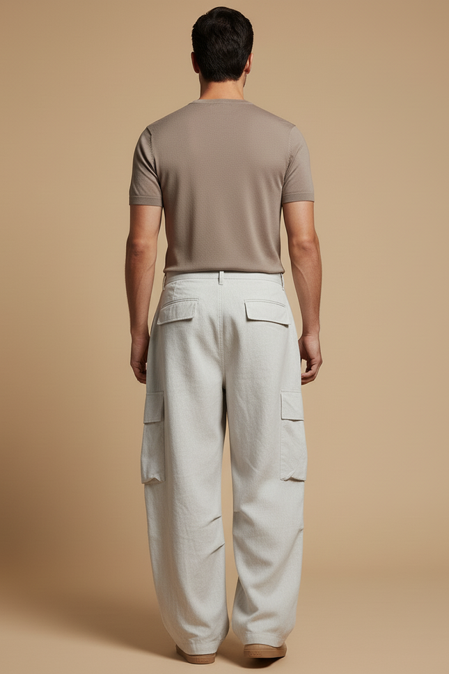 Pantalon Baggy Beige Cargo Ample Plissé Homme - Lin - vue 2