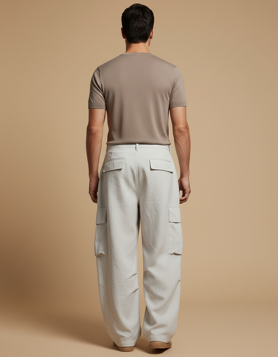 Pantalon Baggy Beige Cargo Ample Plissé Homme - Lin - vue 2