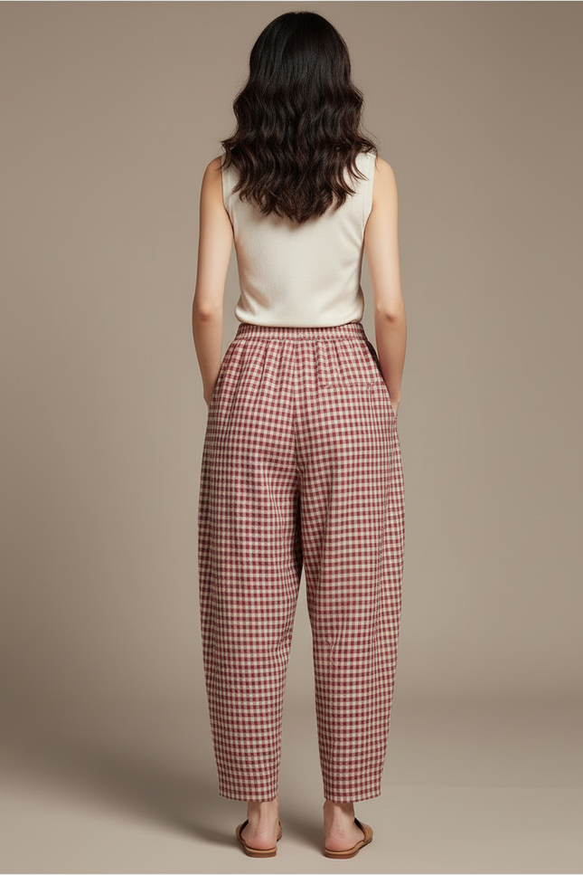 Pantalon Baggy Carreaux Rouge Coton Ample Confortable - vue 2