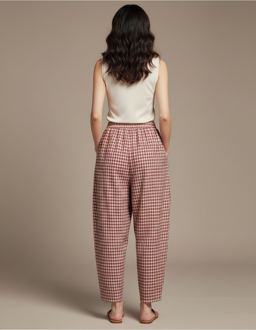 Pantalon Baggy Carreaux Rouge Coton Ample Confortable - vue 2