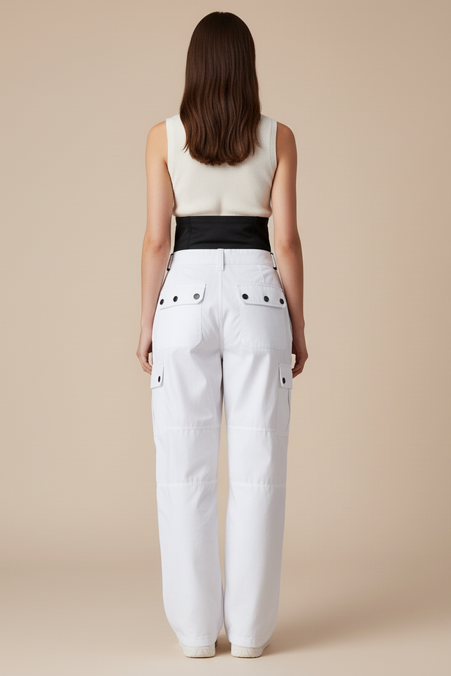 Pantalon Baggy Blanc Cargo Taille Haute Sport Hiver - Toile - vue 2