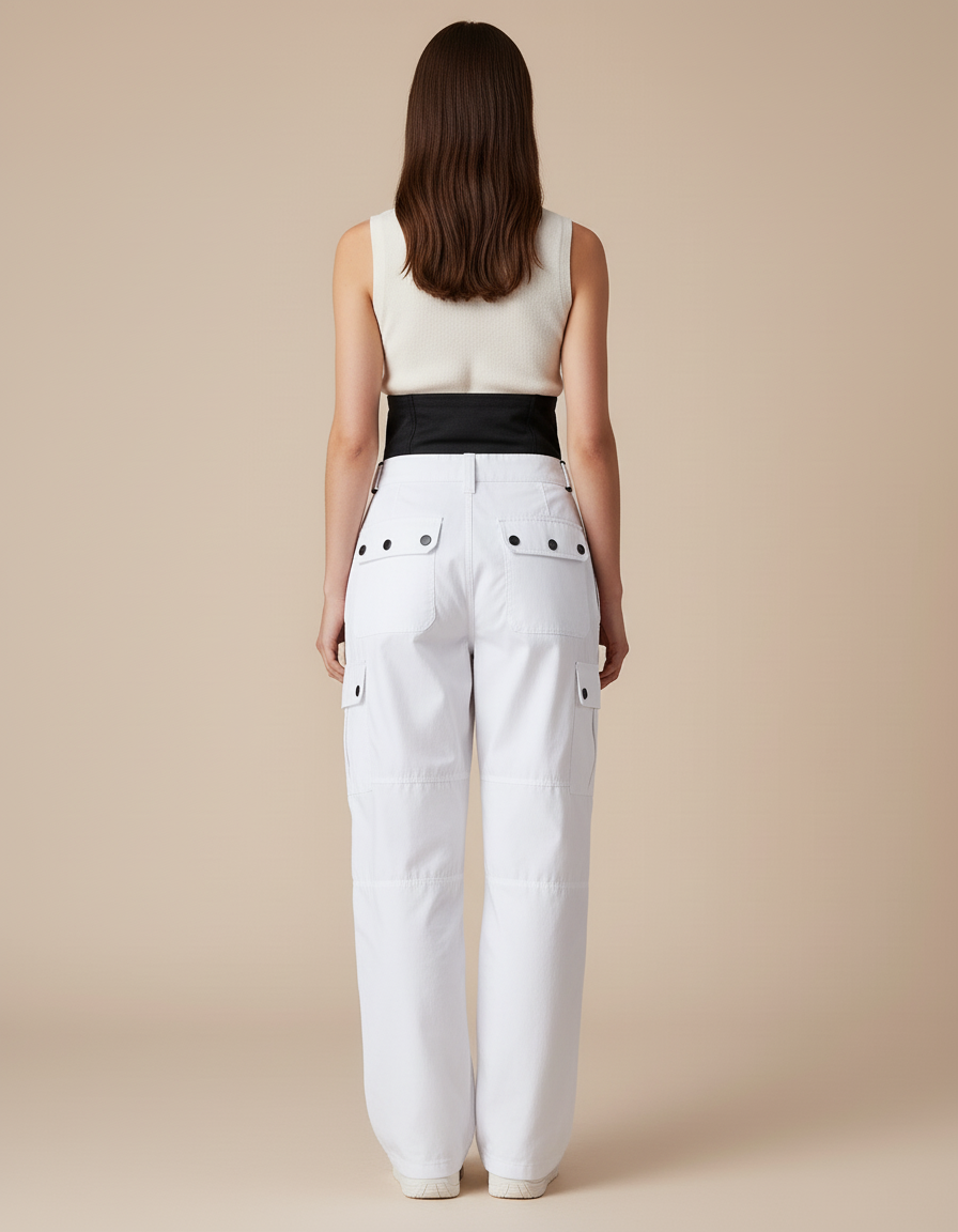 Pantalon Baggy Blanc Cargo Taille Haute Sport Hiver - Toile - vue 2
