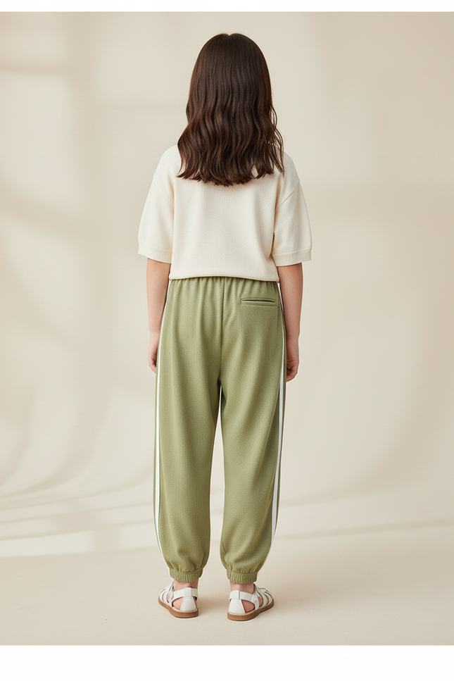 Pantalon Baggy Vert Rayures Blanches Ample Enfant - Kaki Molleton - vue 2