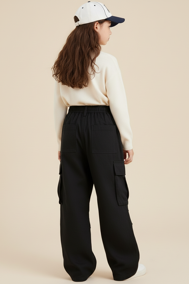 Pantalon Baggy Noir Ample Cargo Décontracté Fille Coton - Toile - vue 2