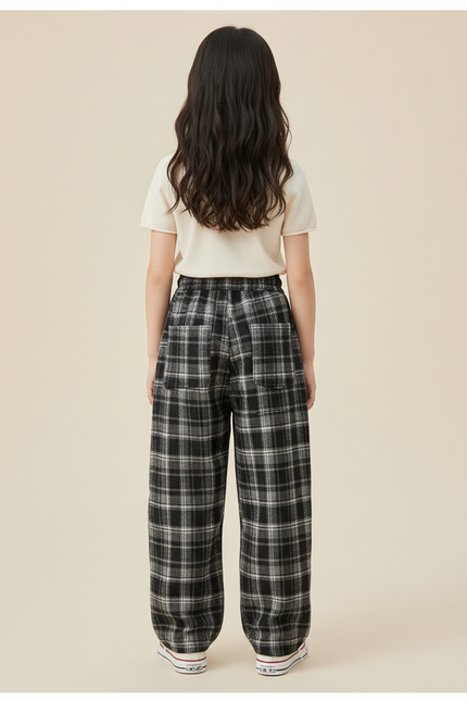 Pantalon Baggy Plaid Noir Coton Ample Décontracté Enfant - vue 2