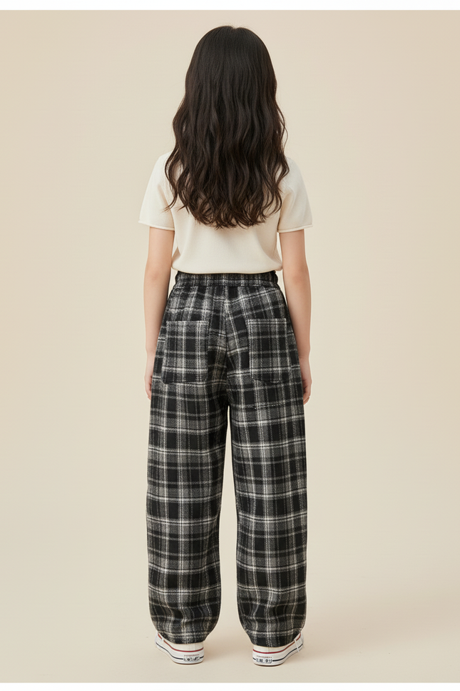 Pantalon Baggy Plaid Noir Coton Ample Décontracté Enfant - vue 2