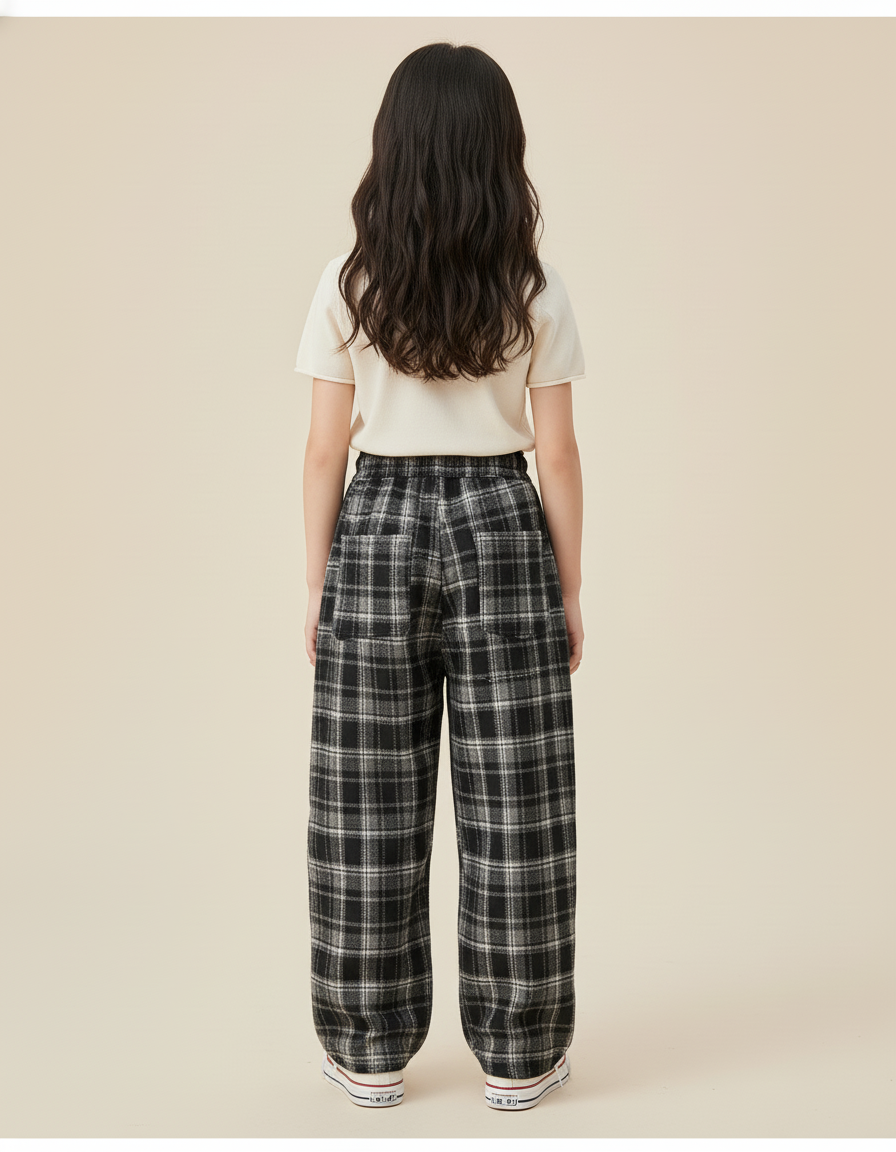 Pantalon Baggy Plaid Noir Coton Ample Décontracté Enfant - vue 2
