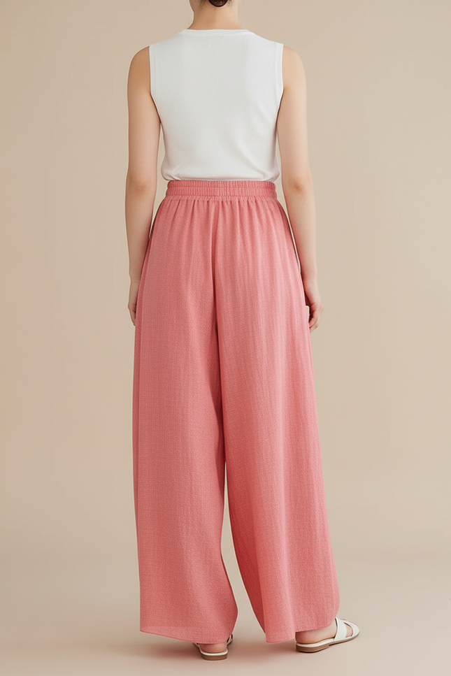 Pantalon Baggy Rose Ample Lin Taille Haute Femme - vue 2