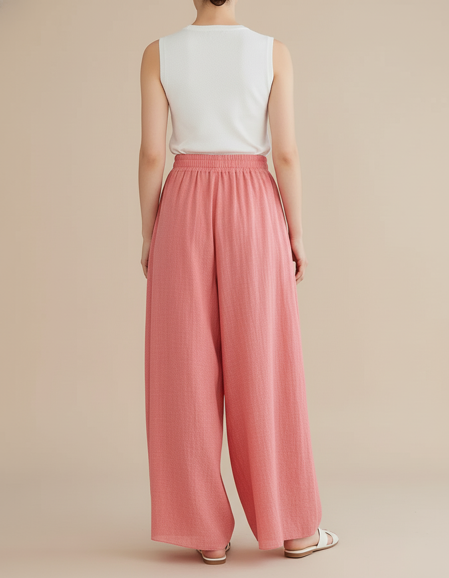 Pantalon Baggy Rose Ample Lin Taille Haute Femme - vue 2