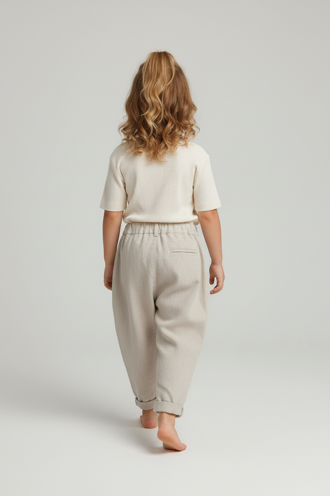 Pantalon Baggy Beige Plissé Ample Lin Enfant - vue 2