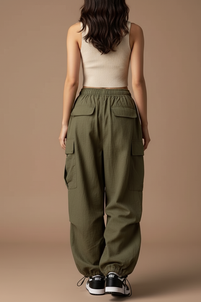 Pantalon Baggy Cargo Vert Militaire Ample Décontracté - Kaki Lin - vue 2