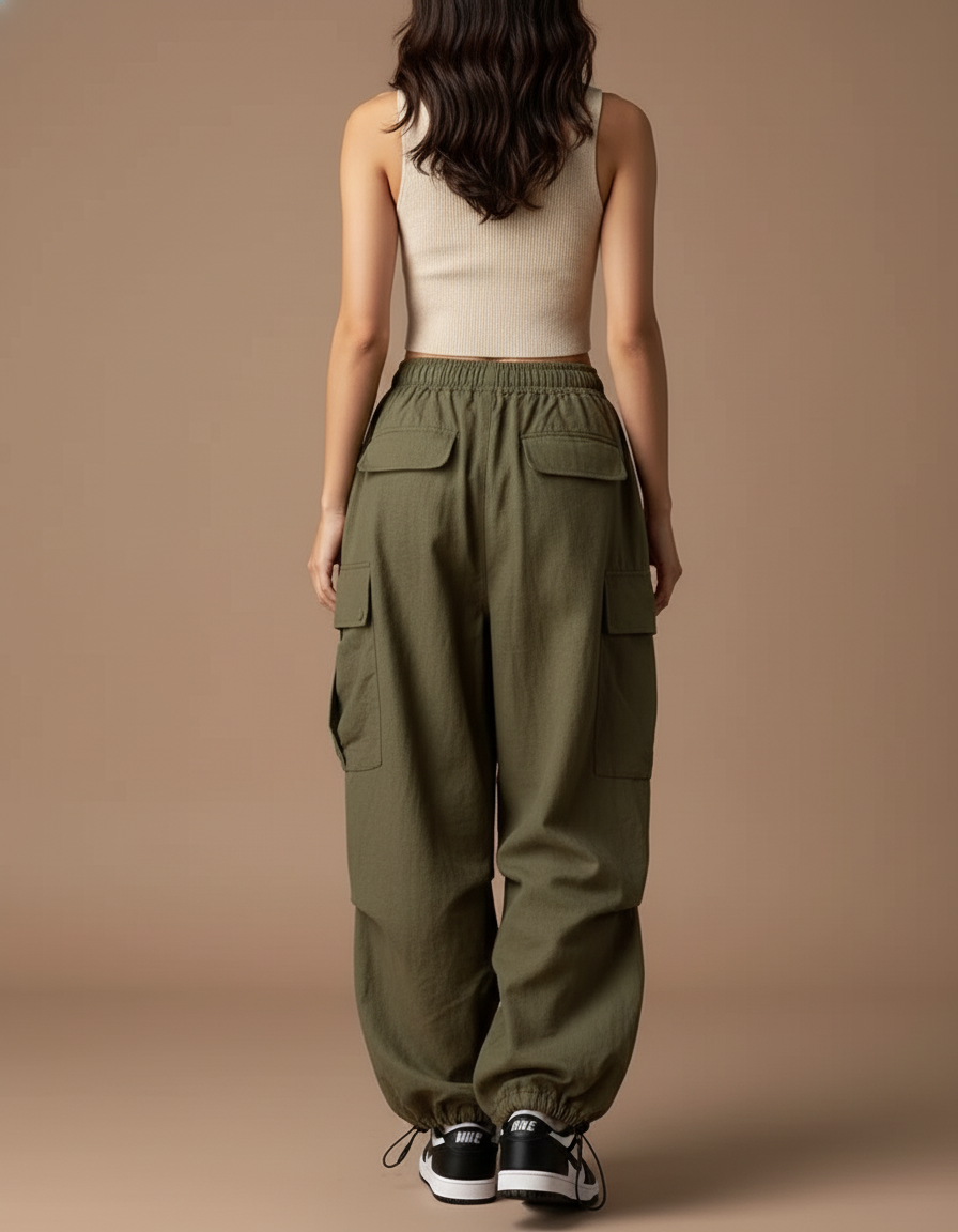 Pantalon Baggy Cargo Vert Militaire Ample Décontracté - Kaki Lin - vue 2