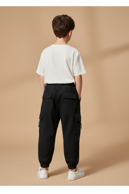Pantalon Baggy Noir Cargo Cordon Décontracté Enfant - Toile - vue 2
