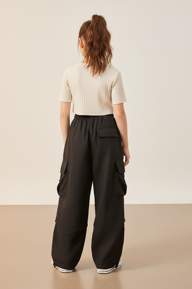 Pantalon Baggy Noir Ample Décontracté Cargo Enfant - Toile - vue 2
