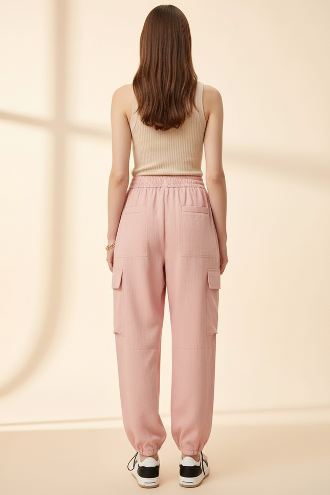 Pantalon Baggy Rose Cargo Ample Cordon Décontracté - Toile - vue 2
